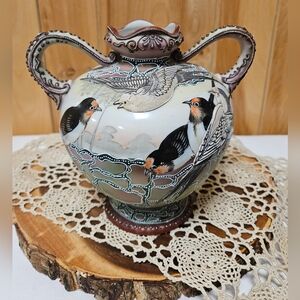 Vintage Nippon Art Nouveau Double Handled Bird Vase Moriage